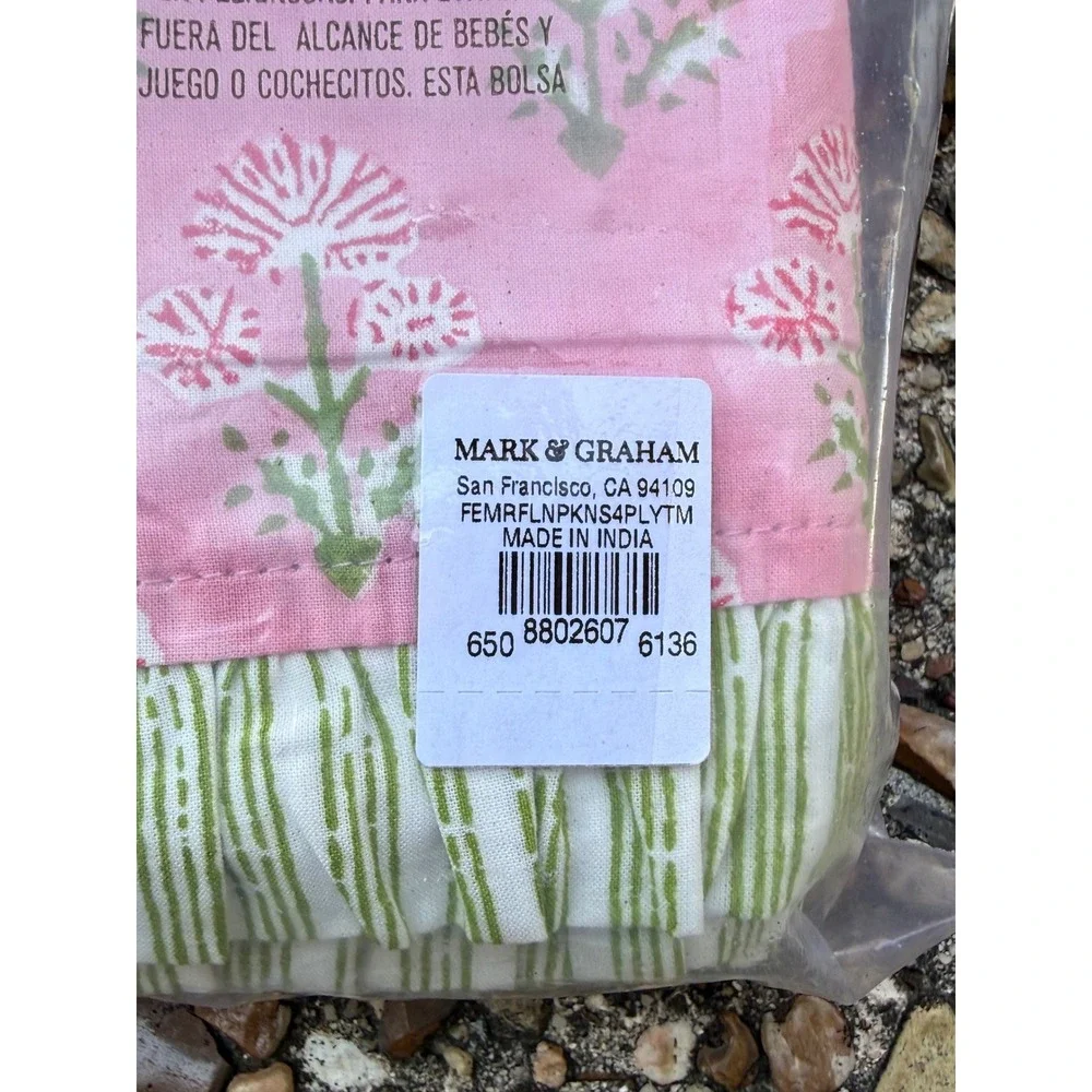 Mark & Graham Pink Block Print Ruffle Dinner Napkins Set of 12 New Floral Green